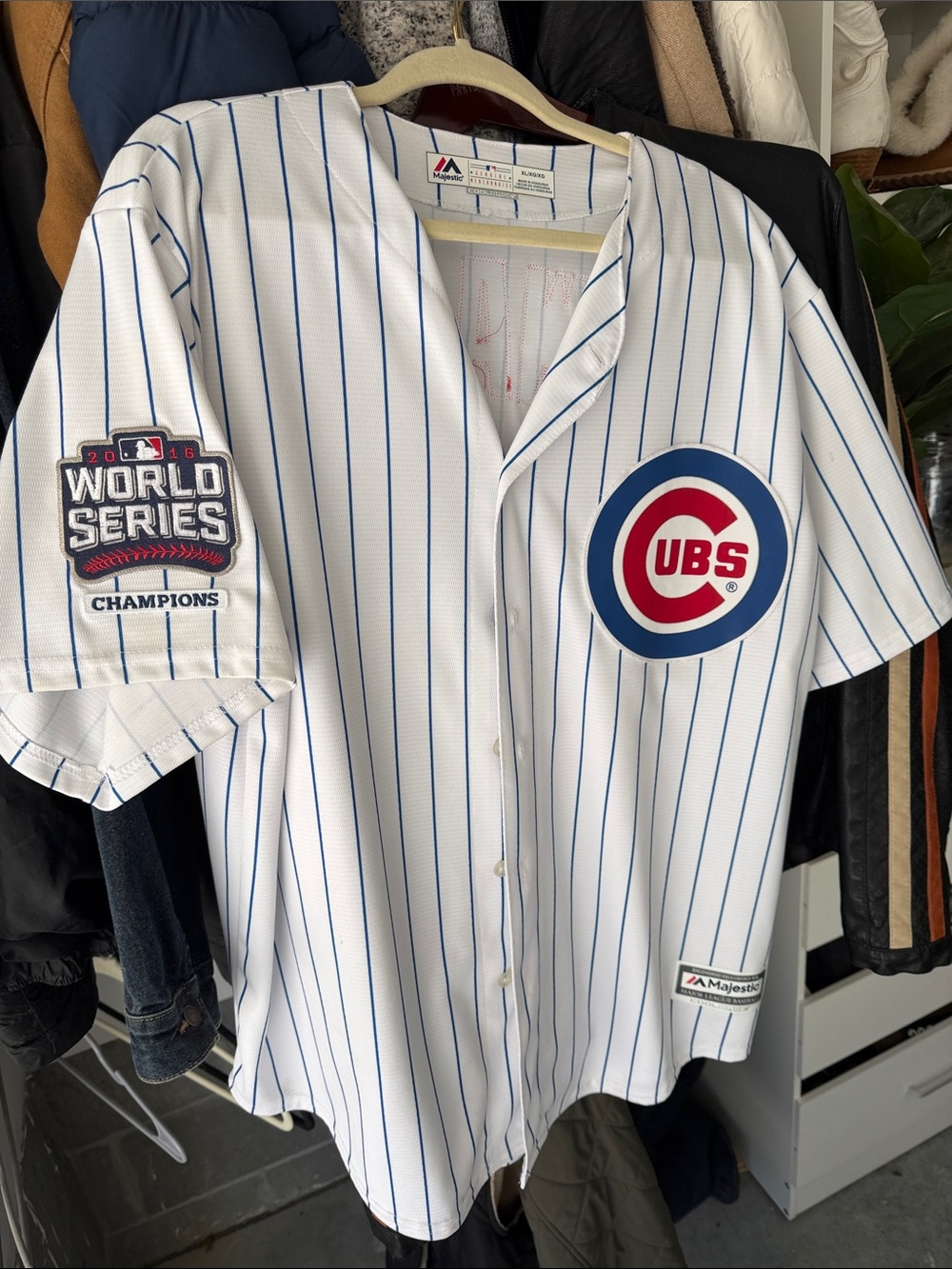 Majestic White Pinstripe Cubs Jersey with Blue and Red Logo